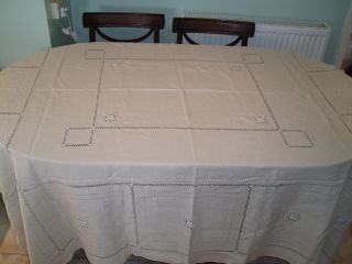 Vintage Beige Linen Table Cloth 80 " X 84 "