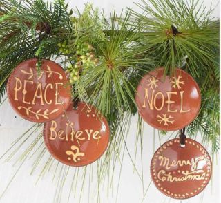 Primitive Country 3 Inch Redware Plate Ornaments 4 Pc Set