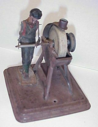 Vintage Fleischmann Tin Steam Engine Grinder Wheel Worker Man Toy