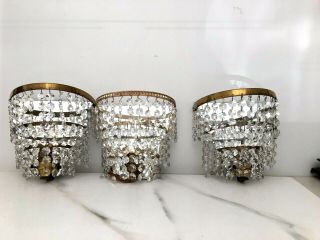 3 Vintage Chandelier Wall Lights,  Mirrors,  Brass And Crystals