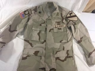 Us Army Desert Camo Shirt W/ Patches,  Rare Usa Flag Beneath Unit Patch,  Med - Reg