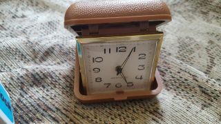 Westclock Clamshell Travel Alarm Clock In Brown Case Wind Up Runs