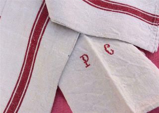 Pair Vintage French Linen Torchons Tea Towels Mono P C Red Stripes