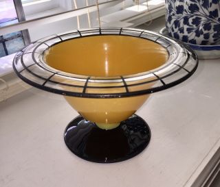 Vtg Art Deco Butterscotch And Black Glass Footed Bowl