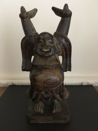 Chinese Carved Wood Figure Of A Buddha With Raised Arms - Bone Teeth
