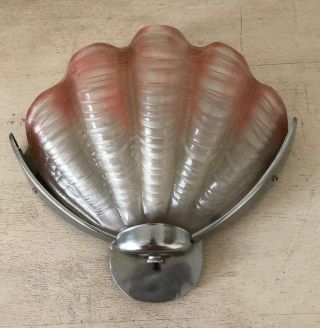 Vintage Antique Art Deco Wall Mount Chrome Sconce Clam Shell Glass Shade Light