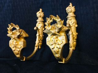 2 Antique 19th C Regency Liberty Ornate Gilt Metal Drape Holders Wall Hooks
