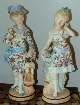 Antique Bisque Statues Girl & Boy With Pug Dog & Cat Intaglio Eyes Heubach?