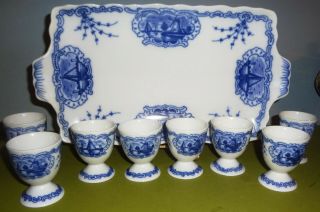 Vintage Htf Set - Aw German Breakfast 8 Egg Cups & Tray - Delft Pattern -