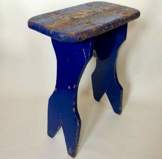 Antique French Rustic Handmade Solid Wood Minners Cracket Stool Painted In Blue