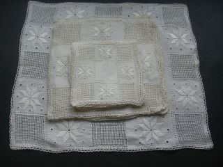 Antique Table Linen Set Hand Lefkara Embroidery 1 Centrepiece,  12 Tablemats