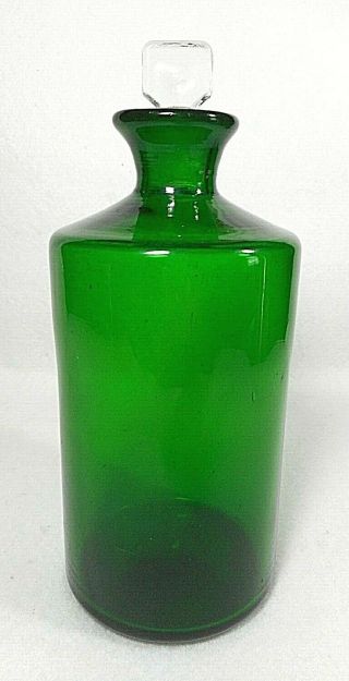 Apothecary Hand Blown Green Glass Bottle With Clear Glass Stopper,  19th Century