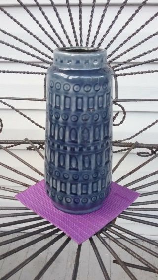 Mid Century Modern Geometric Inka Blue Vase W Germany Scheurich Fat Lava 9 "