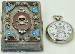 Rare Antique Victorian Memento Mori Skull Lip Watch&masonic Bible Book Box C1890