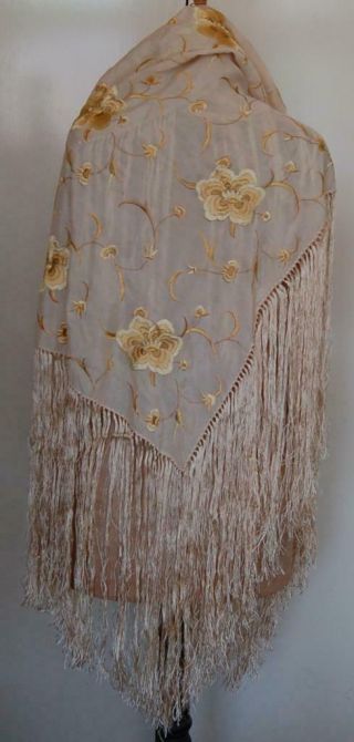Antique Cream Silk Shawl Lemon Yellow Embroidered Flowers Long Fringe C1900 - 20