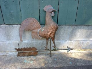 Antique Large Copper Rooster - Weathervane With Directional