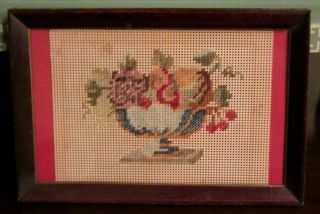 Antique 19thc Victorian Punch Paper Sampler - Compote Of Flowers - Framed