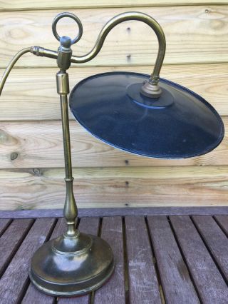 Vintage Brass Swan Neck Anglepoise Stem Enamel Tin Shade Table Lamp Light 70s