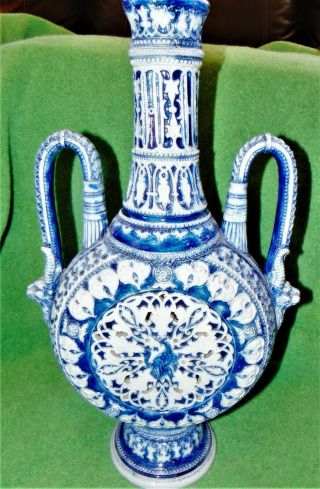 Tall Antique Westerwald Cobalt Blue Stoneware Puzzle Style Jug,  Ewer,  Pitcher Vase