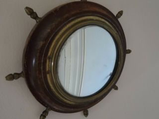 Vintage Mahogany & Brass Ships Wheel Porthole Mirror