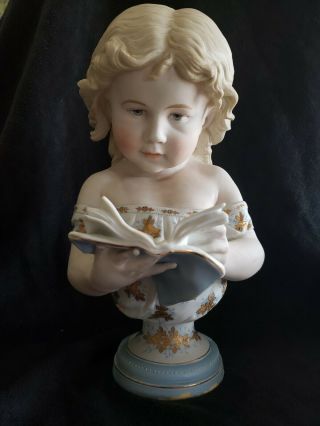 Wonderful 19th Century All Bisque Bust Girl Doll Reading Book
