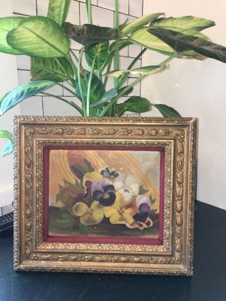Antique Victorian Oil Painting Pansy Aesthetic Frame