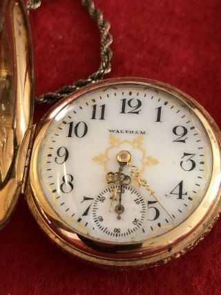 Antique 14k Solid Gold Waltham Hunter Case Pocket Watch W/chain Running 1901c