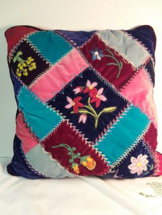 Vintage Crazy Quilt Scrap Silk Velvet Throw Toss Pillow Floral 12x12
