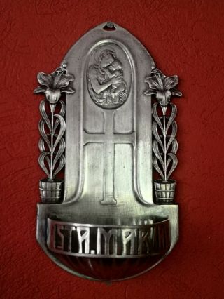 Art Nouveau Jugendstil Orivit Holy Water Font Virgin Mary Silver Plated Ca.  1900