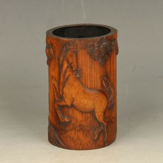 Exquisite Decoration Bamboo Handwork Carved Old Man & Horse Brush Pot Gl2108