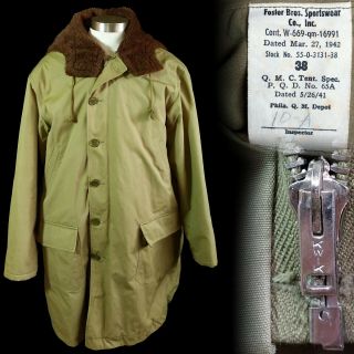 Vintage 1942 1940s Wwii Foster Bros.  Experimental Pile Lined Parka Coat 38