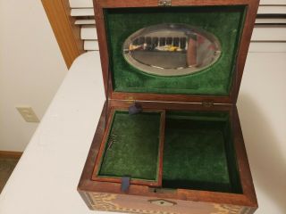Antique Inlaid Wood Jewelry Box w/ Mirror & Key 2