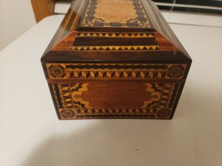 Antique Inlaid Wood Jewelry Box w/ Mirror & Key 7