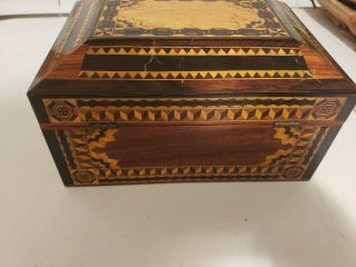 Antique Inlaid Wood Jewelry Box w/ Mirror & Key 8