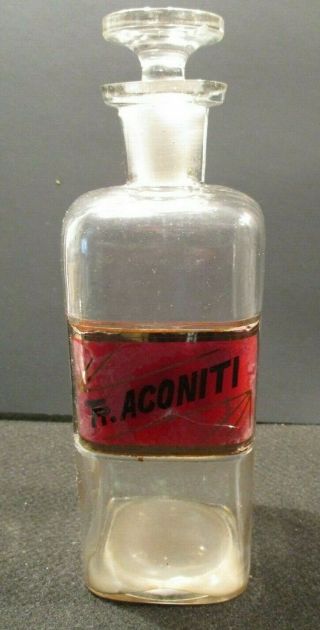 1890 8 In Label Under Glass Tr.  Aconiti Apothecary Drugstore Bottle & Stopper