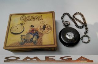 Rare Vintage Pocket Watch Omega Half Hunter Case Swiss Made Box Chain