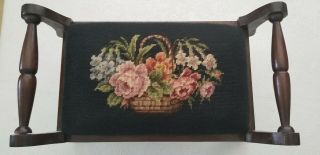 Vintage/antique Embroidered Basket Of Flowers Needlepoint Upholstered Foot Stool