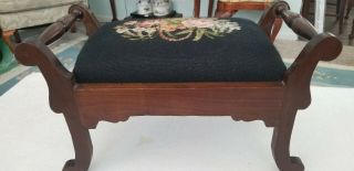 Vintage/Antique Embroidered Basket Of Flowers Needlepoint Upholstered Foot Stool 2