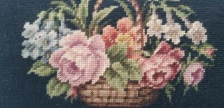 Vintage/Antique Embroidered Basket Of Flowers Needlepoint Upholstered Foot Stool 6