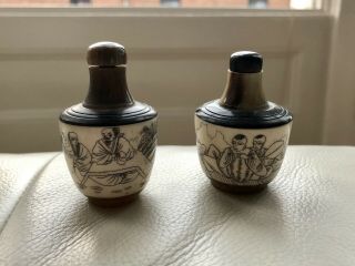 2 X Vintage Horn And Bovine Bone Snuff Bottle - Carved Scenes - Mid 20th Century