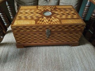 Inlaid Folk Art Wooden Box With 1891 Silver Dollar