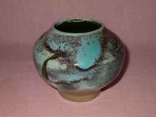 Vintage Jugtown Ware North Carolina Art Pottery Ming Blue Vase Ben Owens 3.  75 "
