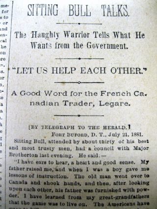 1881 Newspaper Sioux Indian Chief Sitting Bull Interview Aftr Capture By Whites