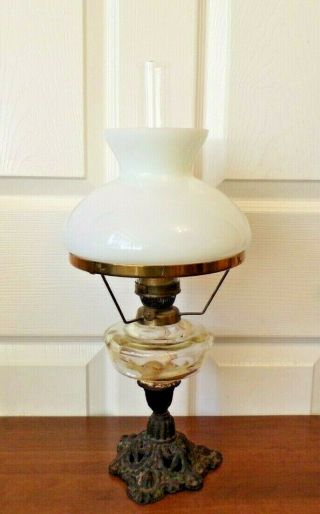 Small Vintage Oil Lamp With White Glass Shade Clear Font Cast Iron Base