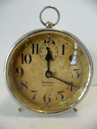 Vintage Nickel Plated Westclox Sleep - Meter Wind Up 1 Day Alarm Clock,