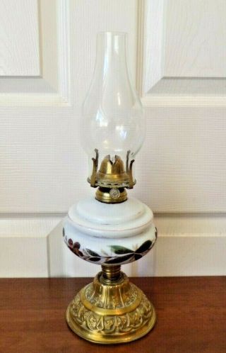 Small Art Nouveau Oil Lamp On A Decorative Glass Font On Brass Decorative Base