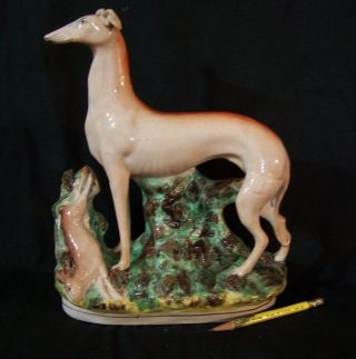 Lg Antique Staffordshire Dog Porcelain Figurine Greyhound W/ Rabbit C1850