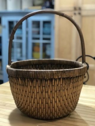 Vintage Early Chinese Elm Handle Woven Willow Rice Basket