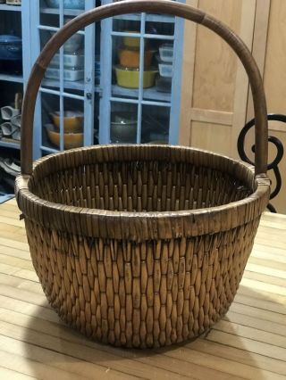 VINTAGE EARLY CHINESE ELM HANDLE WOVEN WILLOW RICE BASKET 2