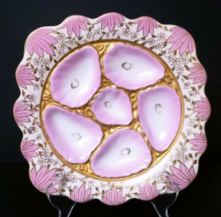 Gorgeous Antique Porcelain Square OYSTER PLATE Pink Floral & Gold 3